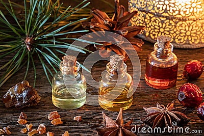 Christmas mix of essential oils with frankincense, myrrh, star anise, pine Stock Photo