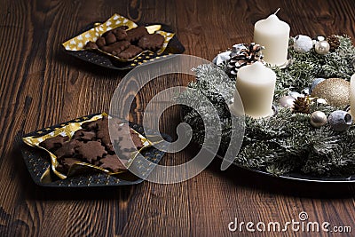 Christmas mood with biscuits, fruits and christmas decoration Stock Photo