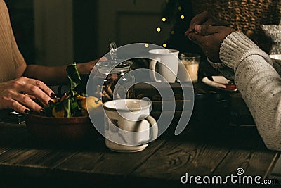 Christmas mood. Christmas locations. Wooden table in the kitchen. Stock Photo