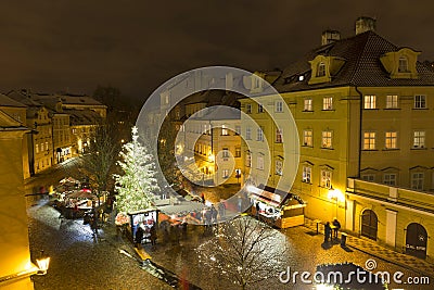 Christmas Mood on the snowy night historical Island Kampa, Prague, Czech Republic Editorial Stock Photo
