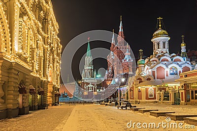 Christmas Moscow.Nikolskaya Street at night in Moscow. Editorial Stock Photo
