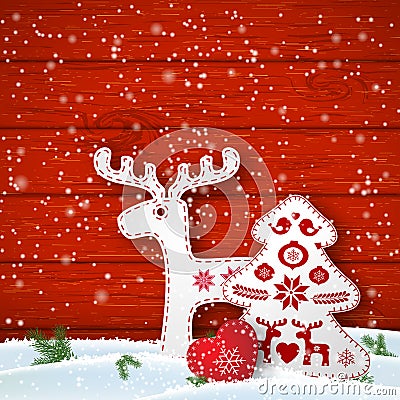 Christmas motive in scandinavian style, red and white folk decorations in front of wooden wall, illustration Vector Illustration