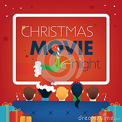 Christmas Movie Night square red Cover, Kids TV party. Vector Illustration