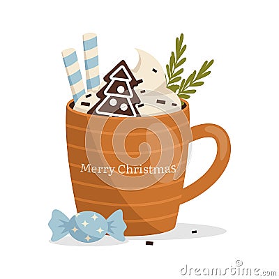 Christmas mug with hot drink. Whipped cream, chocolate chips, gingerbread cookies, wafer rolls, candy. Vector Illustration