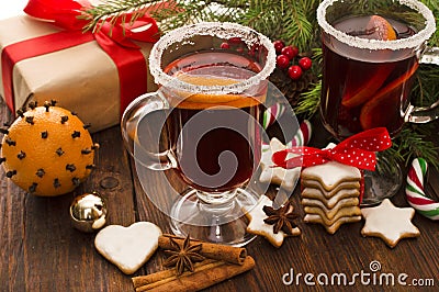 Christmas mulled wine, cookies, spices and ornaments Stock Photo