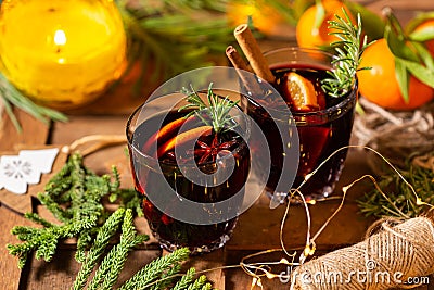 Christmas mulled wine on a rustic wooden table Stock Photo