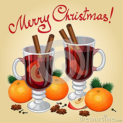 Christmas mulled wine with spices and mandarines Vector Illustration