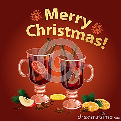 Christmas mulled wine with spices, orange slice, anise Vector Illustration