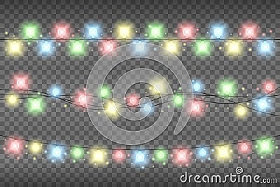 Christmas multicolored realistic garland lights on a transparent background. Glowing garland lights decoration with sparkles Vector Illustration