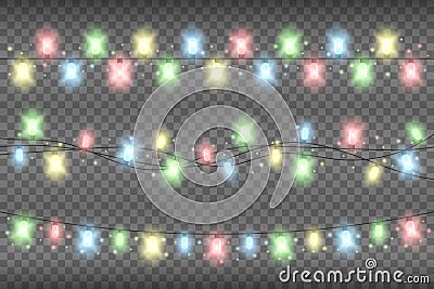 Christmas multicolored realistic garland lights on a transparent background. Glowing garland lights decoration with sparkles Vector Illustration