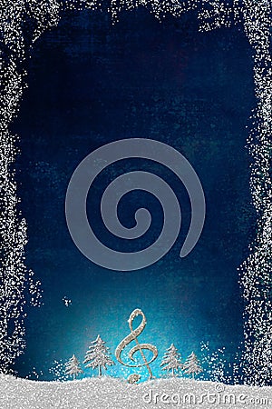 Christmas musical card, treble clef and silver trees.Vertical image Stock Photo