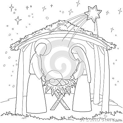 A Christmas nativity coloring scene cartoon, with baby Jesus, Mary and Joseph in the manger and guiding star above Vector Illustration