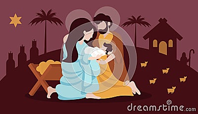 Christmas nativity scene with holy family flat illustration Vector Illustration