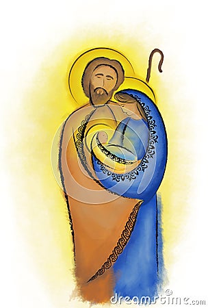 Christmas nativity scene Holy family Mary Joseph and child Jesus Cartoon Illustration