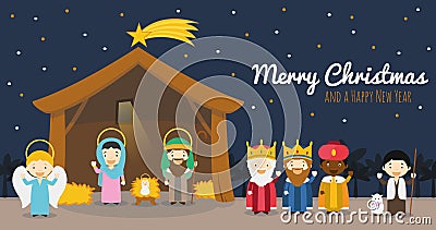 Christmas nativity scene with holy family and three wise men Vector Illustration