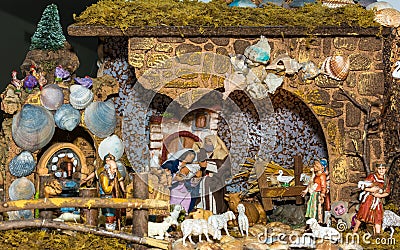 Christmas nativity scene represented with statuettes of Mary, Joseph, Jesus and other characters of the crib. Original representat Stock Photo