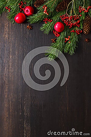 Christmas natural decor background, flat lay Stock Photo