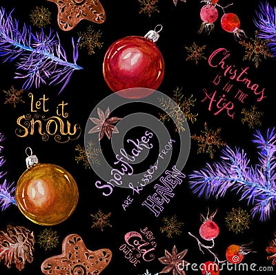 Christmas neon glowing seamless pattern with hand written quotes. New Year lettering about snow and holidays. Fir Stock Photo
