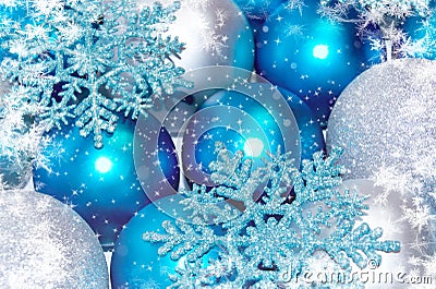 Christmas and New Year background. blue and silver sparkling balls, snowflake ornaments Stock Photo