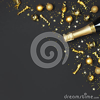 Christmas and New Year background. Champagne bottle, golden christmas balls, festive ribbons, star confetti on black Stock Photo