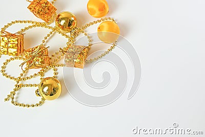 Christmas or New Year background concept, fir tree branches or chrismas tree, gold glass balls Stock Photo