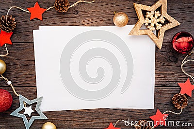 Christmas New Year background decoration on beautiful dark old vintage rustic wood texture table board with white paper copy space Stock Photo