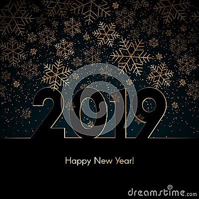 Christmas New Year background with gold snowflakes Text 2019 Happy New Year Blue winter background Christmas New Year pattern Vector Illustration