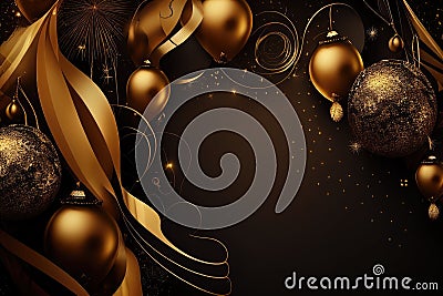 Christmas and New Year background with golden balls and ribbons. Generative AI Stock Photo