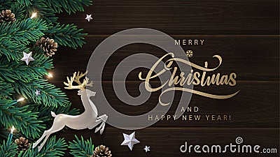 Christmas, New Year background with a pearl deer with golden horns, silver stars, pine branches with cones on a dark wooden backgr Vector Illustration