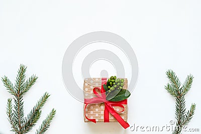 Christmas present red ribbon gift mistletoe decor Stock Photo