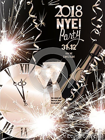 Christmas and new year background with sparklers, serpentine, bottle and glasses with champagne and watch. Vector Illustration