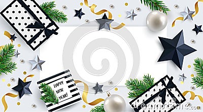 Christmas and New Year background in trendy black, white and gold colors with stars, gift boxes, shining confetti Vector Illustration