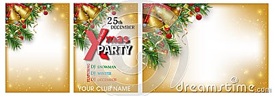 Christmas and New Year backgrounds set decorated Christmas tree branches, golden bells and holly berries. Xmas party invitations Vector Illustration