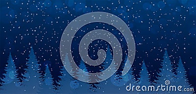 Christmas and New Year banner with place for text. Winter night forest with falling snow. Cute and magical dark blue forest with Vector Illustration