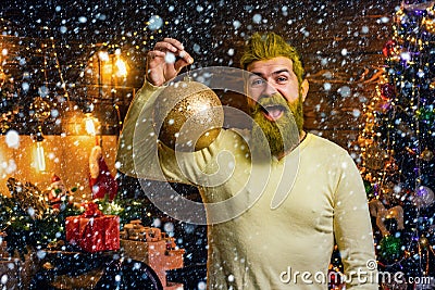 Christmas or New Year barber shop concept. Beard with Christmas decoration. Funny santa Wish you merry christmas. Stock Photo