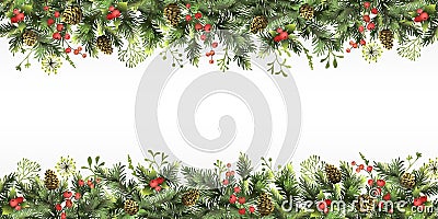 Christmas, New Year border with branches of Christmas tree, holly berries, cones and space for text. Christmas background Cartoon Illustration