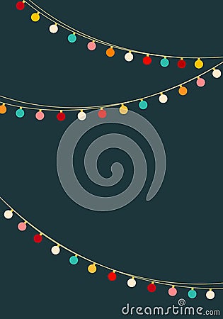 Christmas New Year card banner template colorful light bulb garland hanging on dark navy background Vector Illustration