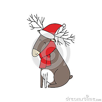 Christmas and New Year card with cute deer animal in santa's hat. Kids vector illustration Cartoon Illustration