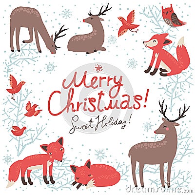 Christmas New Year card with deer and foxes. Vector Illustration