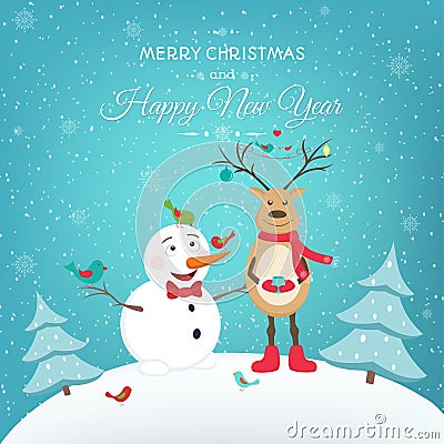 Christmas New Year card with funny snowman deer Vector Illustration