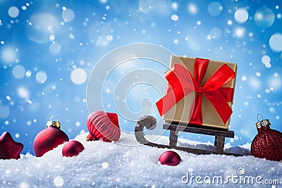 Christmas or New Year card. Golden gift or present box on sledge in snowy background Stock Photo