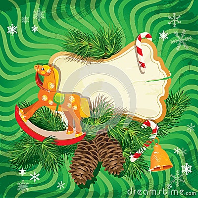 Christmas and New Year card with wooden rocking ho Vector Illustration