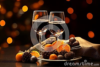 Christmas and New Year celebration champagne and black chocolate candies, mandarines, oranges, toasting on beautiful Stock Photo