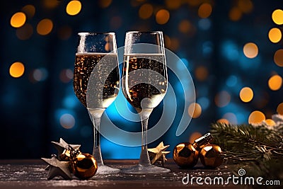 Christmas and New Year celebration champagne and black chocolate candies, mandarines, oranges, toasting on beautiful Stock Photo