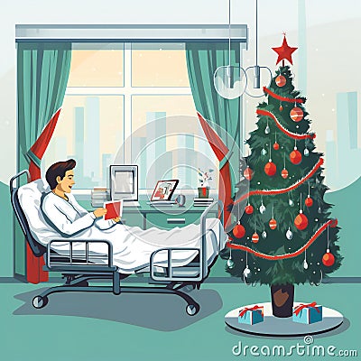 Christmas and New Year Celebration in Hospital Interior. Person in Healthcare Clinic on Christmas alone. Flat style Stock Photo