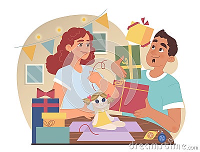 Christmas and new year celebration. Parents getting ready for festive Cartoon Illustration
