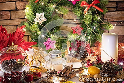 Christmas and new year celebration table decoration background Stock Photo