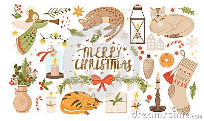 Christmas and New Year collection of hygge cozy holidays elements and decorations. Vector Illustration