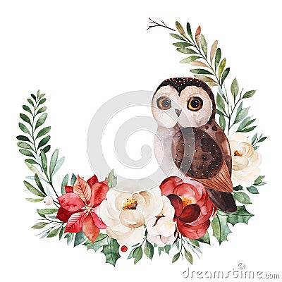 Winter wreath with leaves,branches,flowers,berries,holly and cute little owl Cartoon Illustration