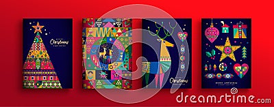 Christmas New Year colorful nordic folk card set Vector Illustration